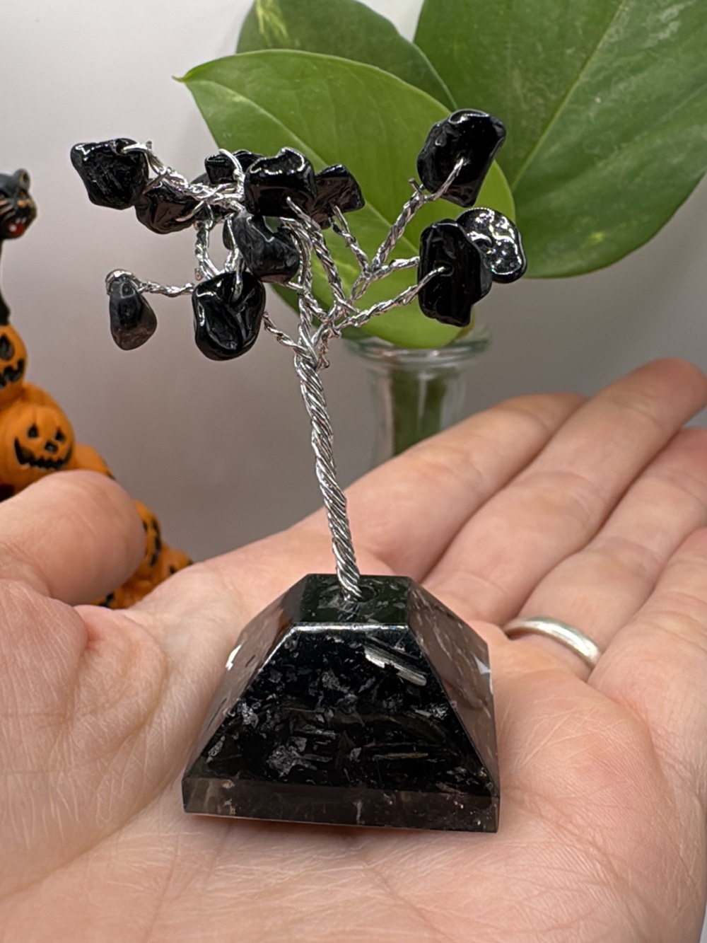 Handcrafted Black obsidian Gemstone Tree Décor - Mini Crystal Accent